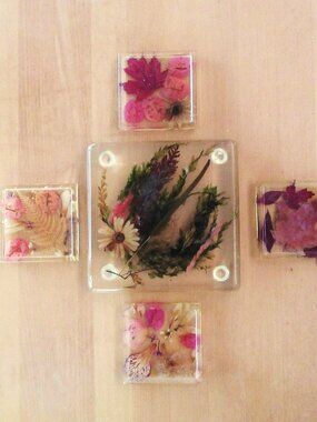 Dried fall leaves & flowers acrylic coasters and trivet/cutting board - Vintage
